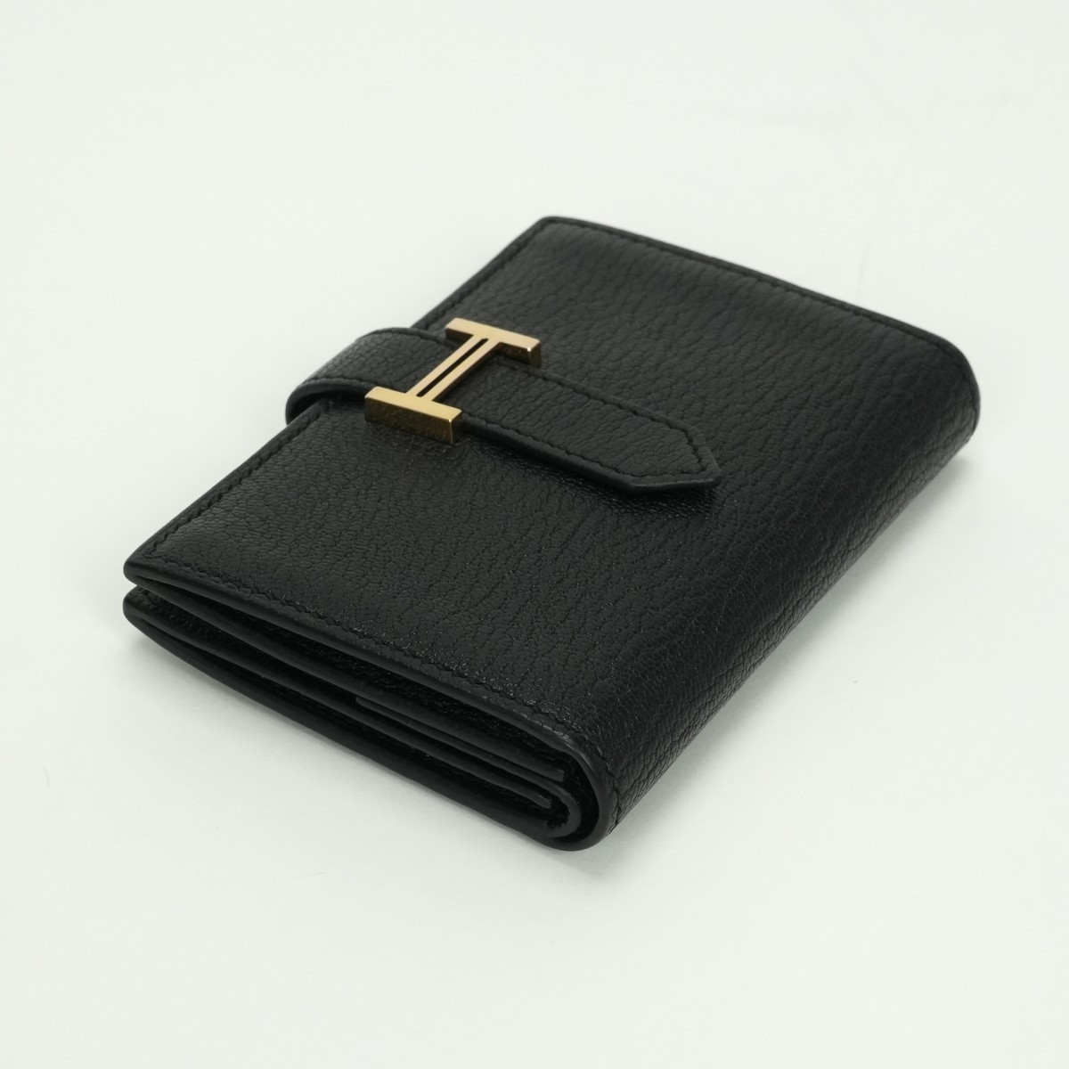 HERMES Bearn Mini Wallet Noir Black Chevre Miosor Gold HW Card Coin Case