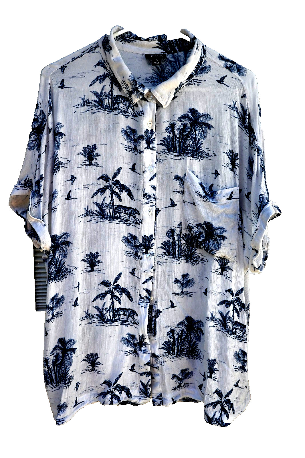 a.n.a A New Approach Tropical Toile Button Up Blouse White Blue Elephant XL