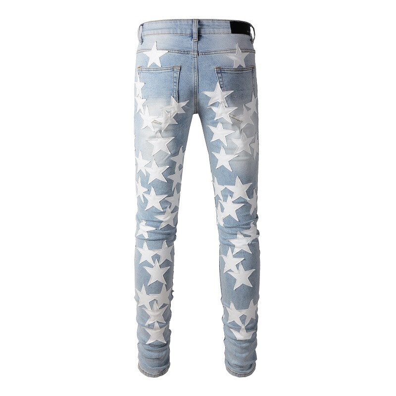 Men’s Ripped STAR PU Patchwork Grunge Skinny fit stretch Denim Washed jeans