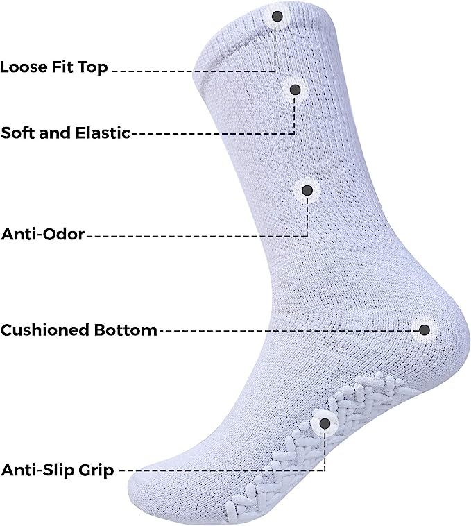 Non Skid Diabetic Crew Socks Non Binding Loose Fit Top Cotton Gripper Men Women