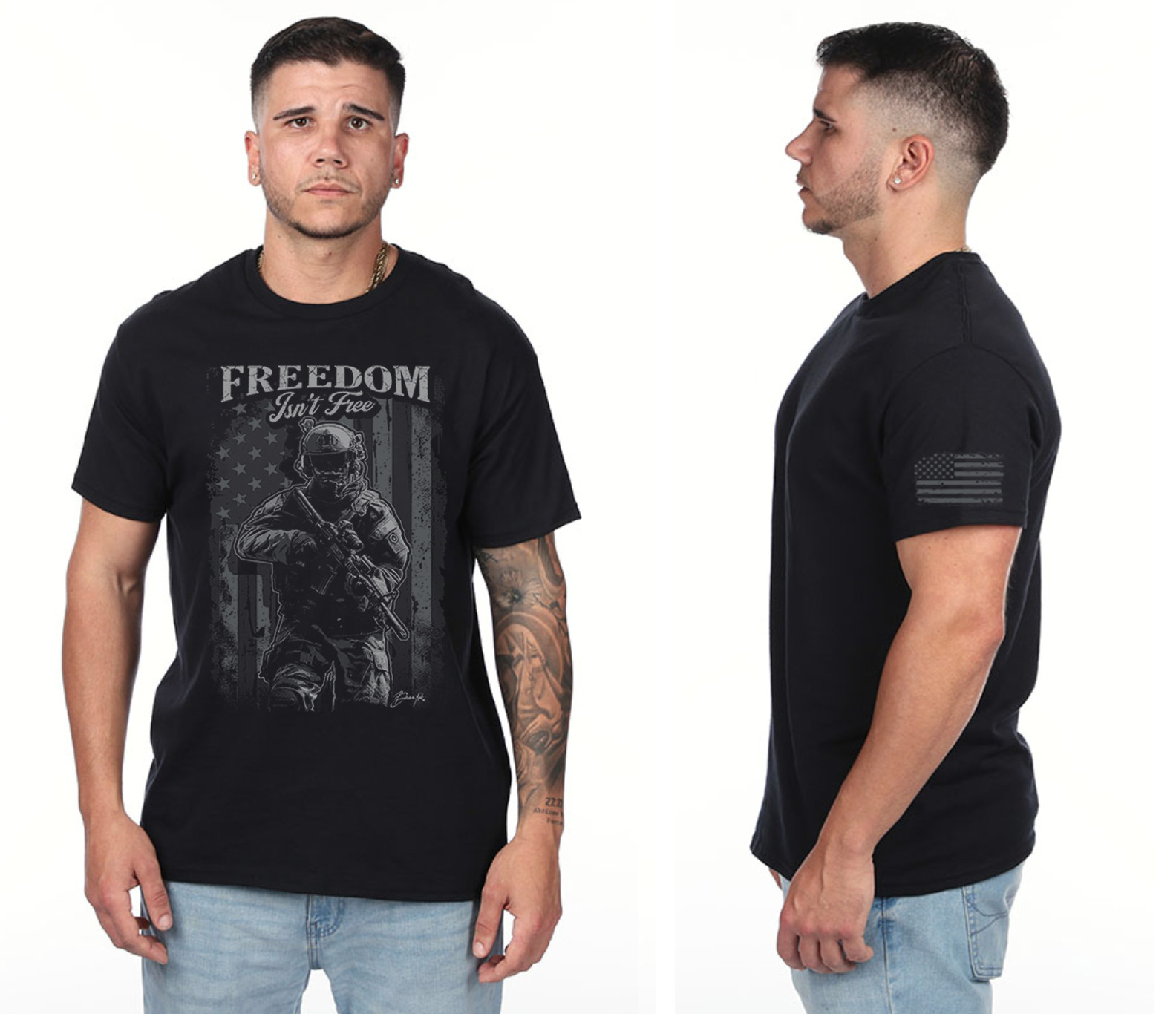 Freedom Isn’t Free Military Patriotic Veterans Day T-shirt American Flag Sleeve