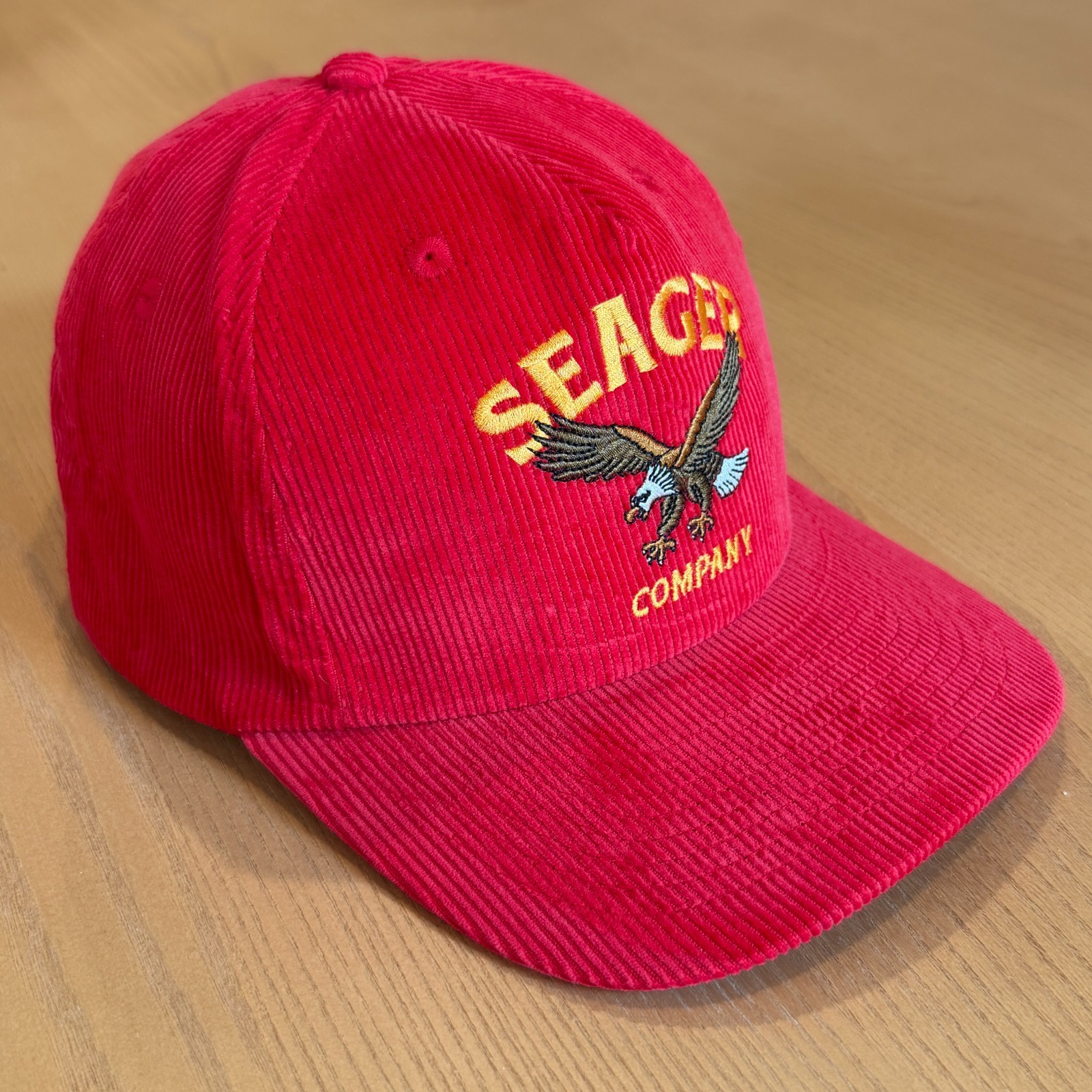 Seager Bradley Corduroy Hat Cap Red Eagle Embroidered Outdoor Snap Back NWOT