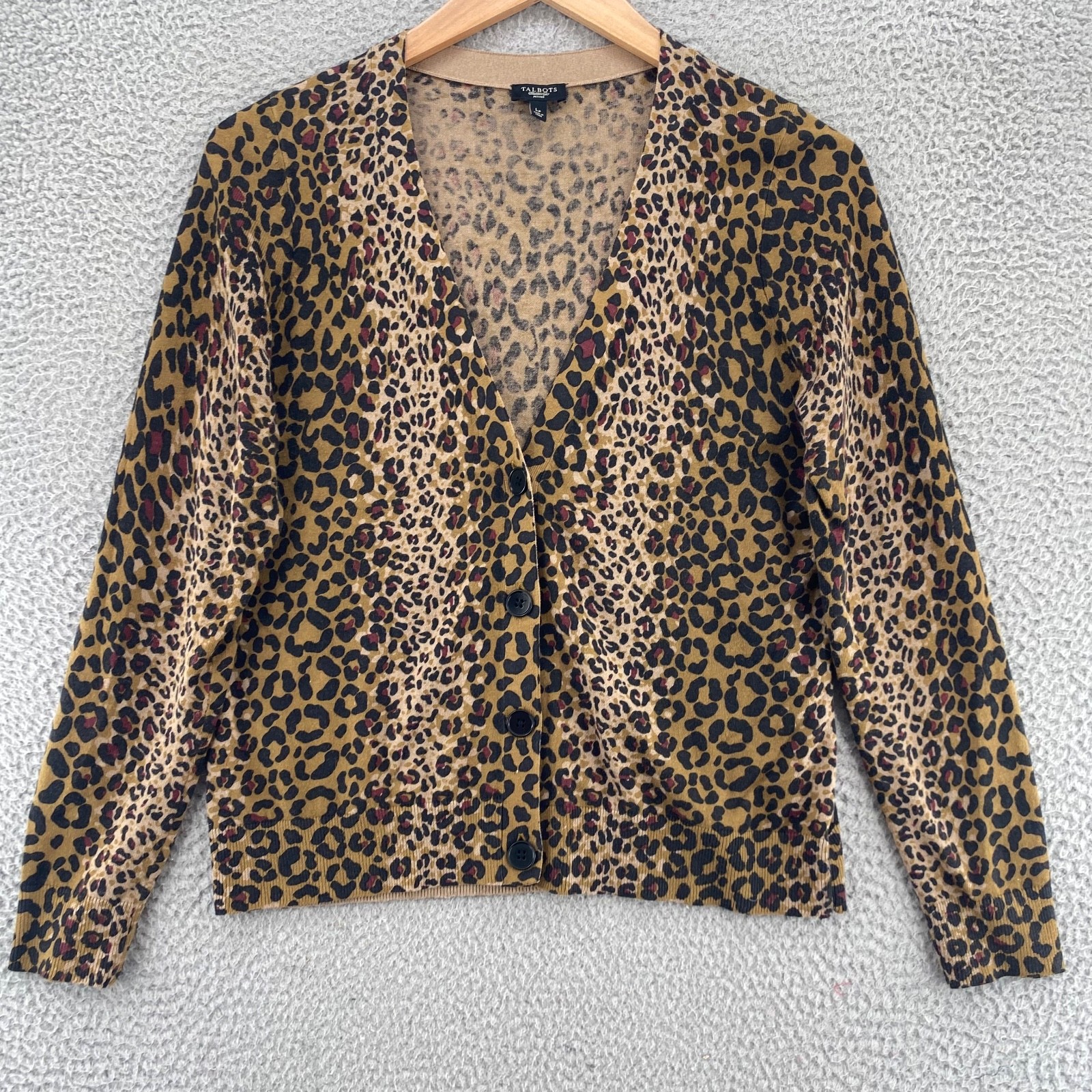 Talbots Sweater Women Large Petite Brown Animal Print Wool Blend Button Cardigan