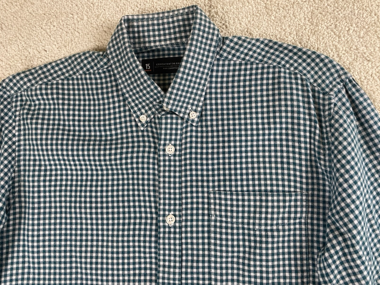 Combatant Gentlemen Dress Shirt Mens 15 Med Athletic Green Plaid Check Button Up