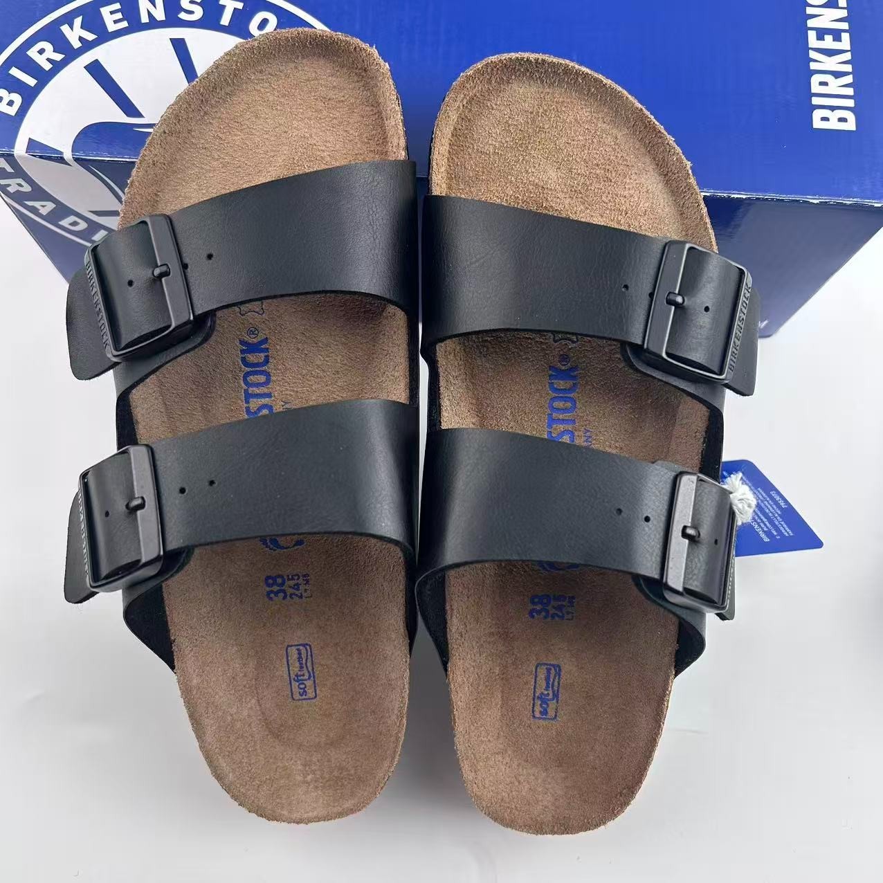 Birkenstock Arizona Soft Footbed Birko-Flor Leather Unisex Sandals–Black/Blue