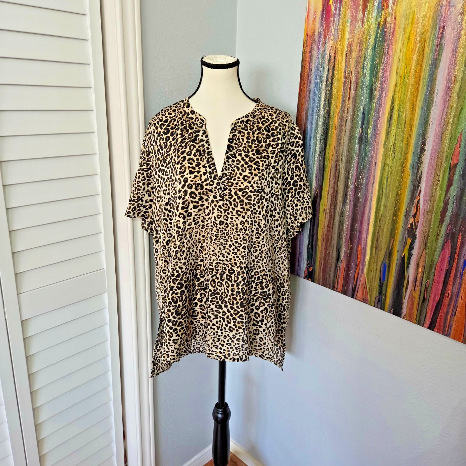 Mittoshop Women’s 1X Leopard Print Blouse Short Sleeve Flowy Tunic Top Plus