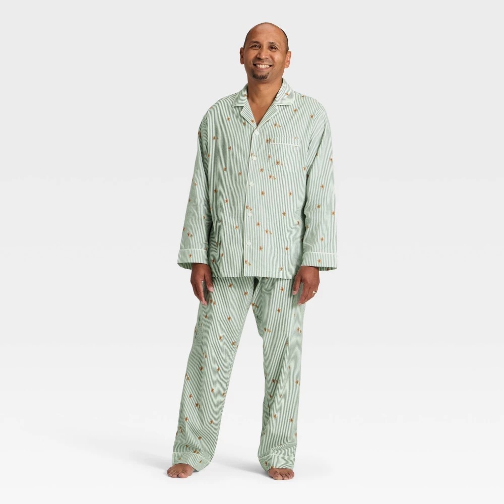 Men’s L Gingerbread Pajama Set Wondershop Cream Striped Flannel Holiday