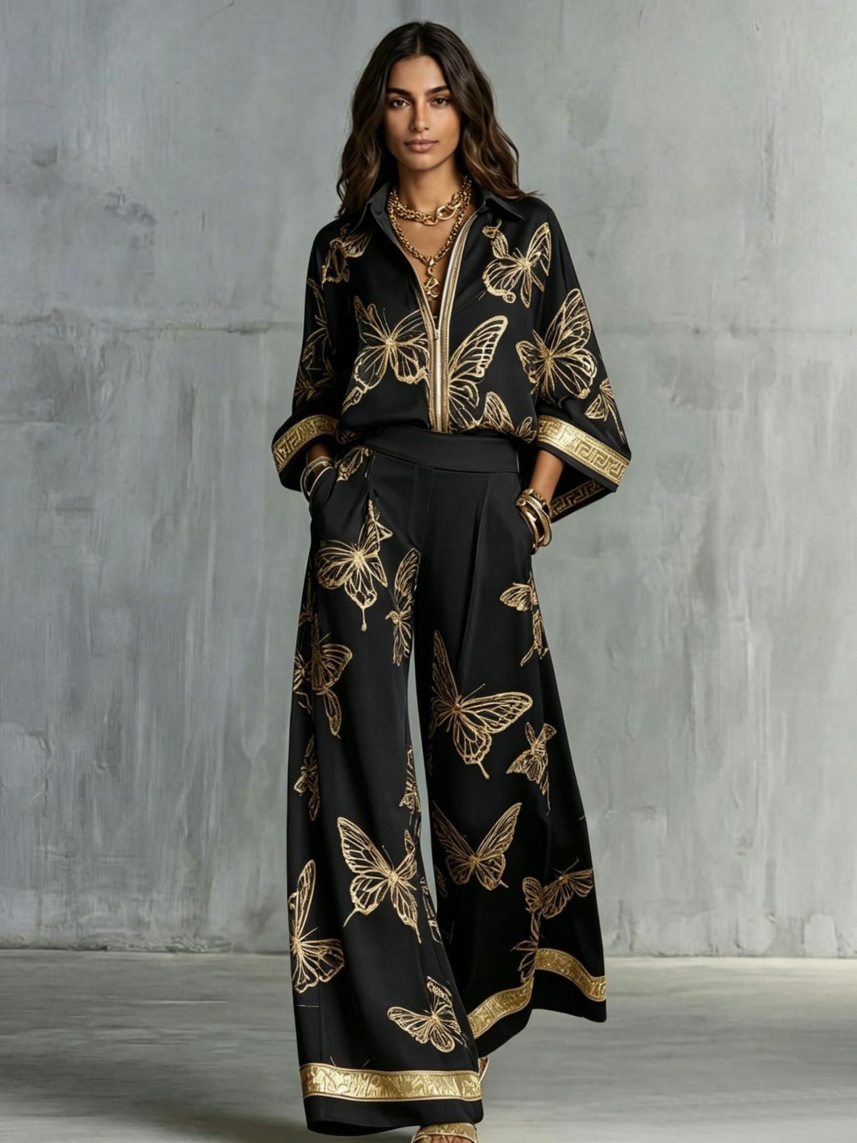 Womens Printed Loose-Fit Zip-Up Top And Wide-Leg Pants Two-Piece Set