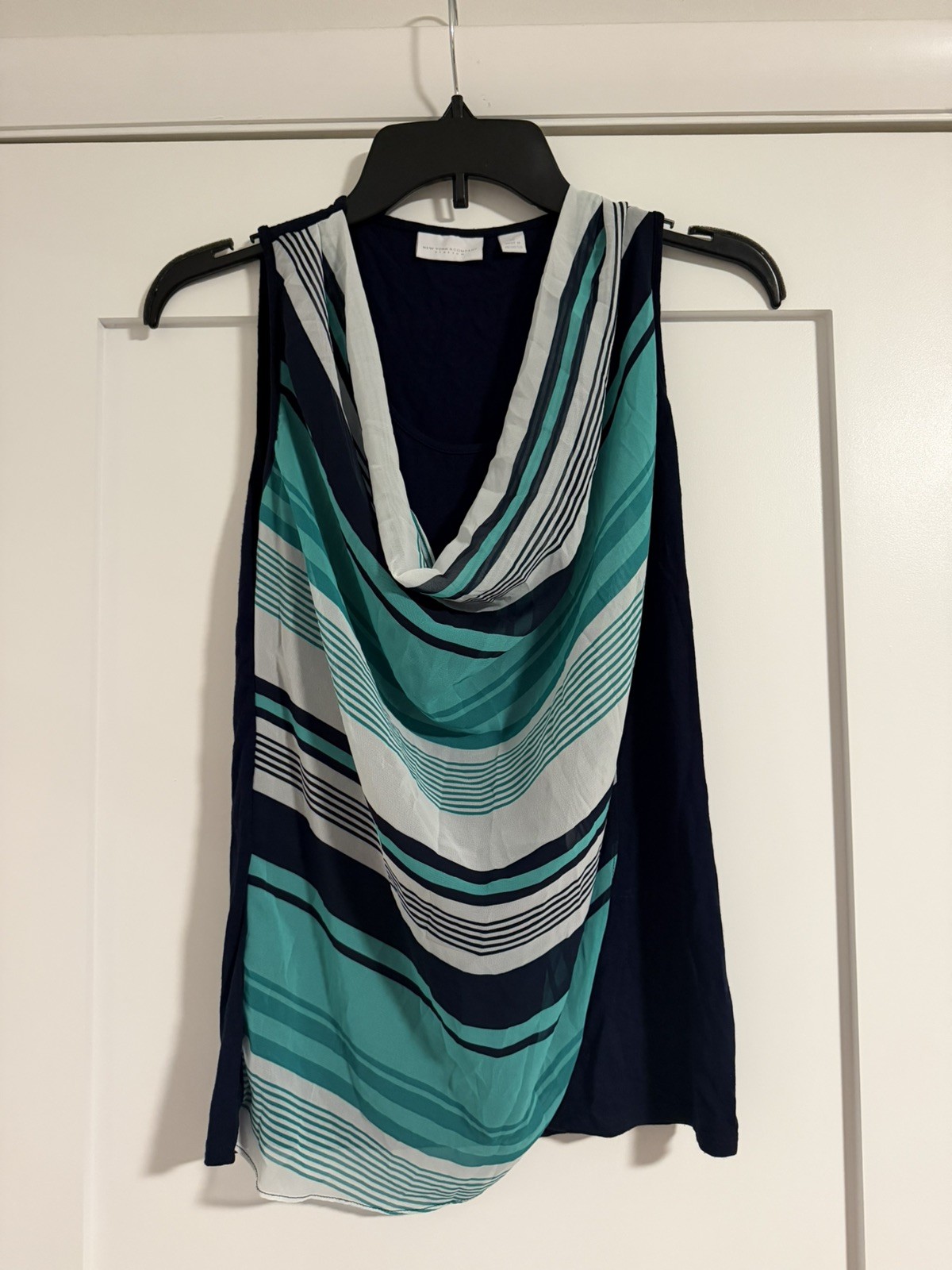 New York & Co Blouse XS Navy Turquoise White Stripe Drape Sleeveless Stretch Top