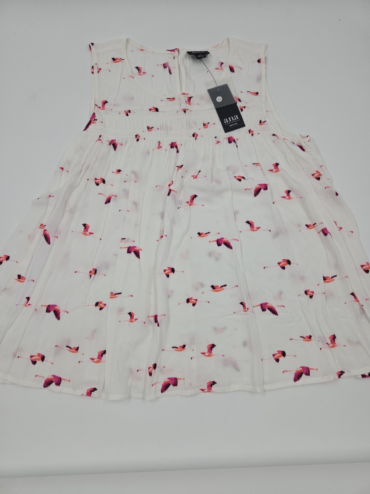 a.n.a. Sleeveless Top White Flamingo Pattern Lightweight Womens Petite M NWT