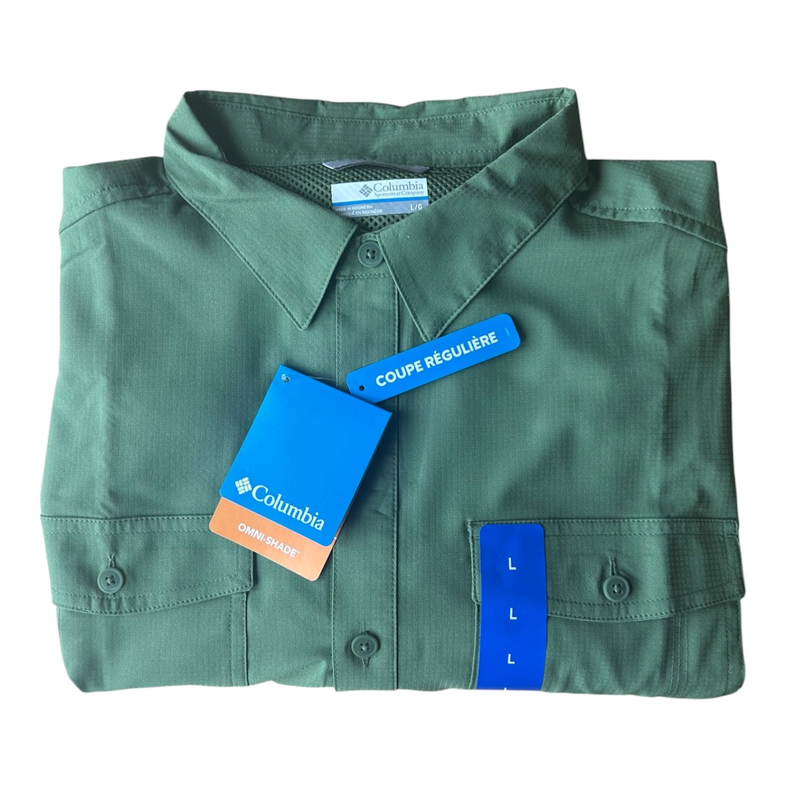 Columbia Omni Shade Mens Long Sleeve Shirt Charcoal Canteen Green 40 UPF Size L