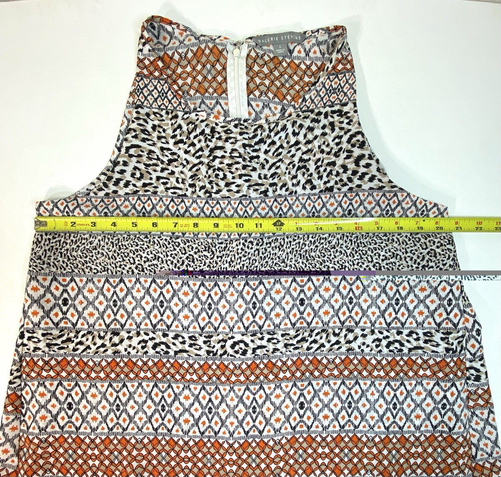 Valerie Stevens Cape Back Blouse L Orange Animal Geometric Mixed Print Layered