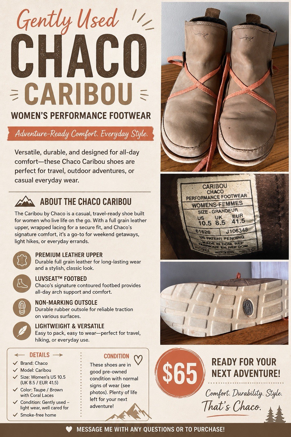 Chaco Caribou Womens Leather Lace-Up Ankle Bootie Comfort Taupe Brown 10.5