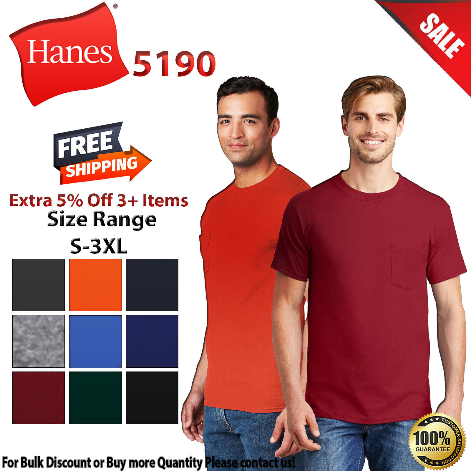 Hanes 5190 Mens Short Sleeve Beefy-T 100% Cotton Crew Neck T-Shirt With Pocket