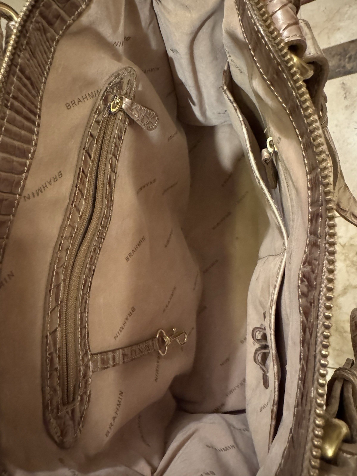 BRAHMIN Anywhere Melbourne Croc Embossed Leather Tote Shoulder Beige Handbag