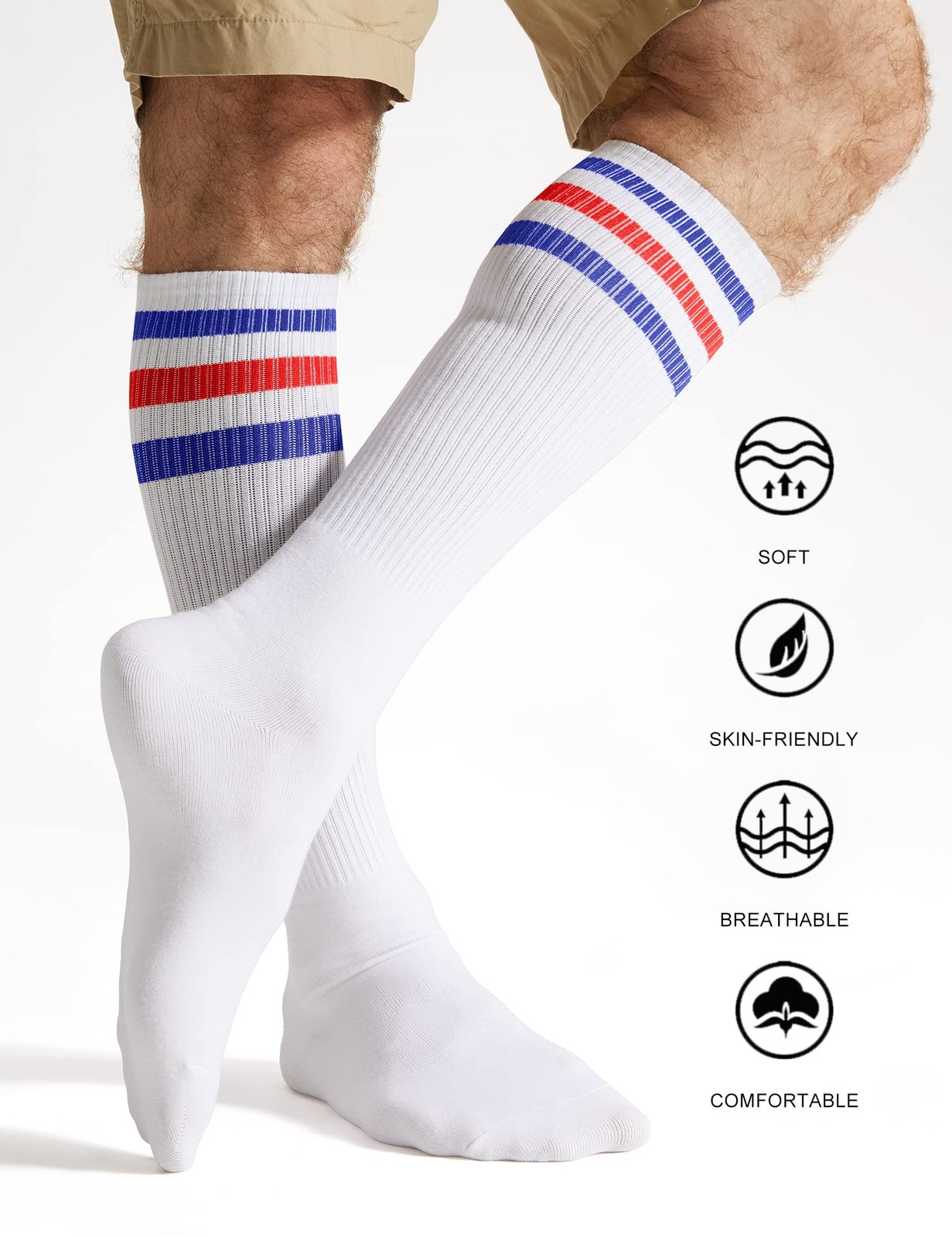 Joulli Men’s White Knee High Retro Striped Tube Over the Calf Socks 1 Pair