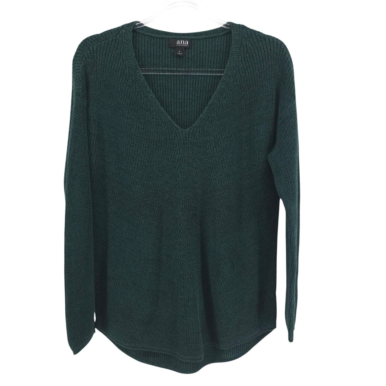 a.n.a Sweater Size Large V-Neck Ribbed Knit Pullover Cozy Fall Winter Green