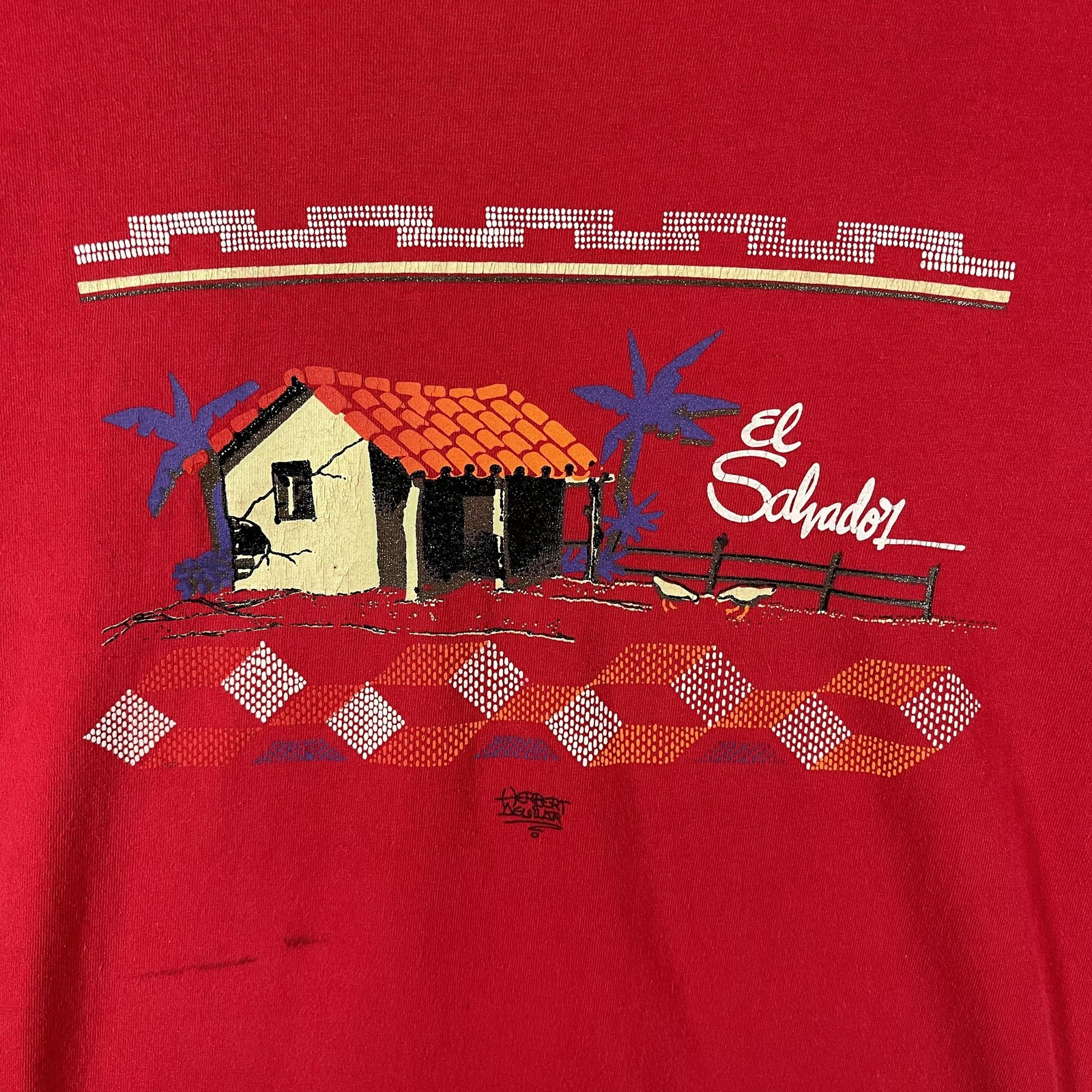 Vintage El Salvador Herbert Aguilar Graphic Shirt Mens Large Red Tourist Tee 80s