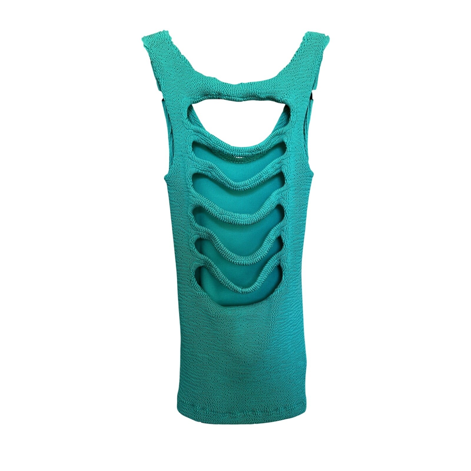 Vintage Tripp NYC Y2K Teal Crinkle Popcorn Knit Tank Top Ladder Cutout Back