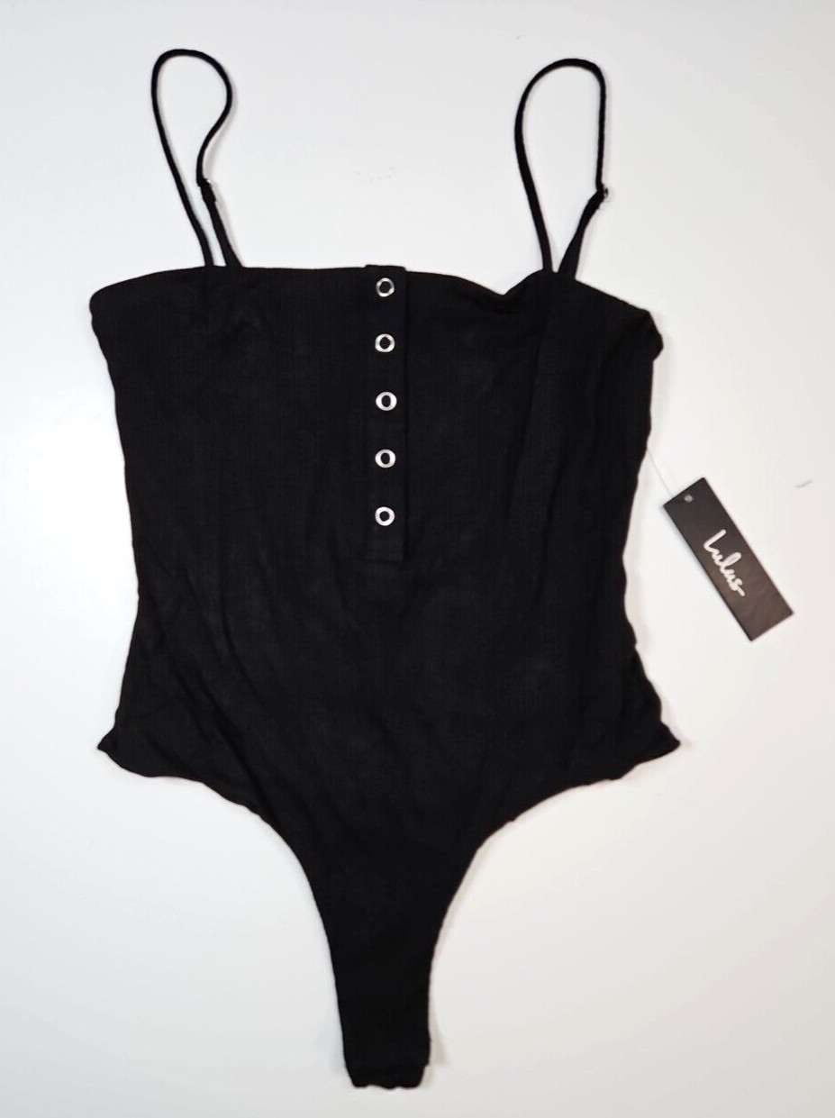 Lulus Women’s Black Spaghetti Strap Tank Top Style Thong Bodysuit Size Medium