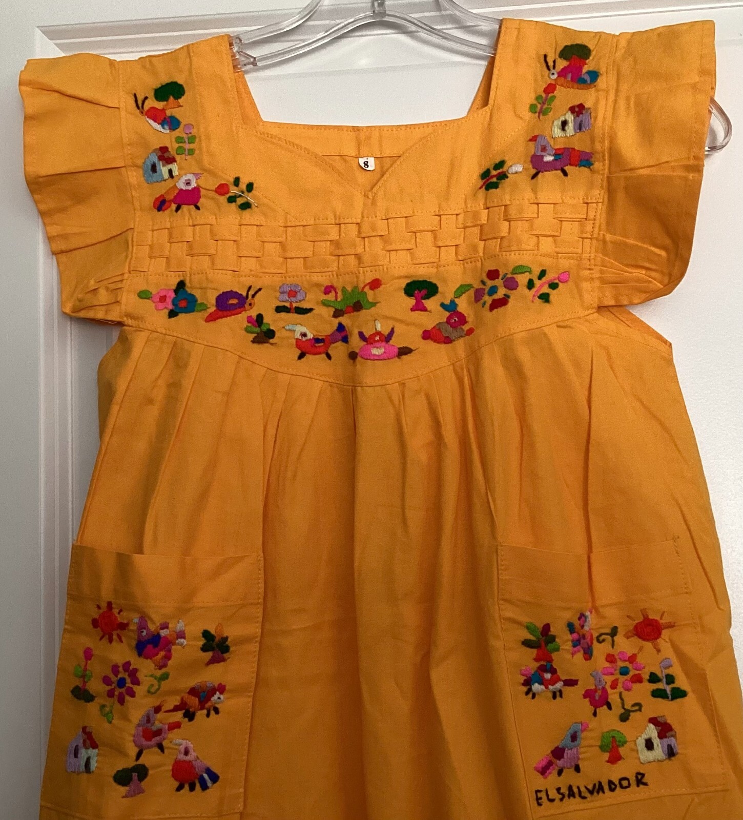 Ethnic floral dress 8 girls embroidered deep yellow El Salvador pockets