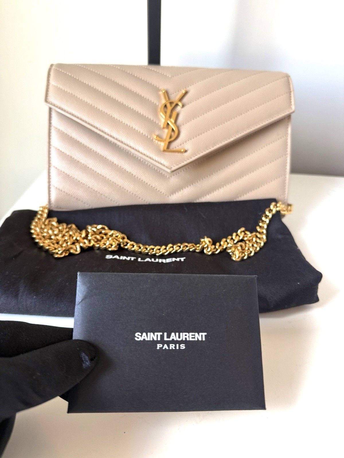 Saint Laurent YSL Leather Wallet On Chain On Chain Grained leather- Dark Beige