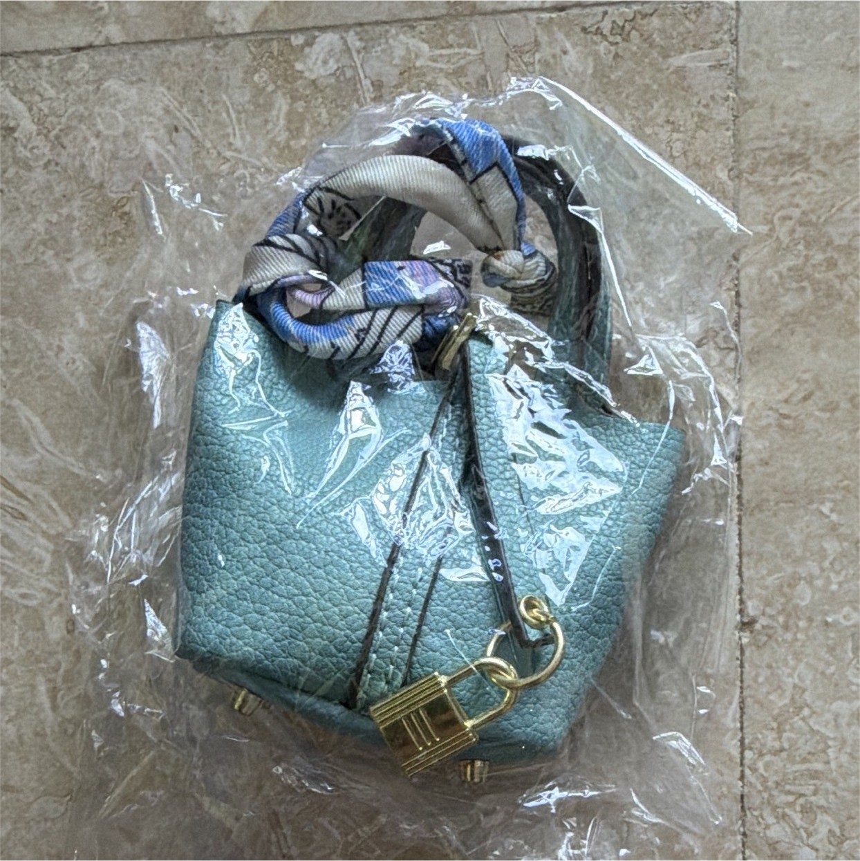Blue Small Pebbled Satchel Top Handle Bag Zip Inner Pockets Gold Strap Scarf
