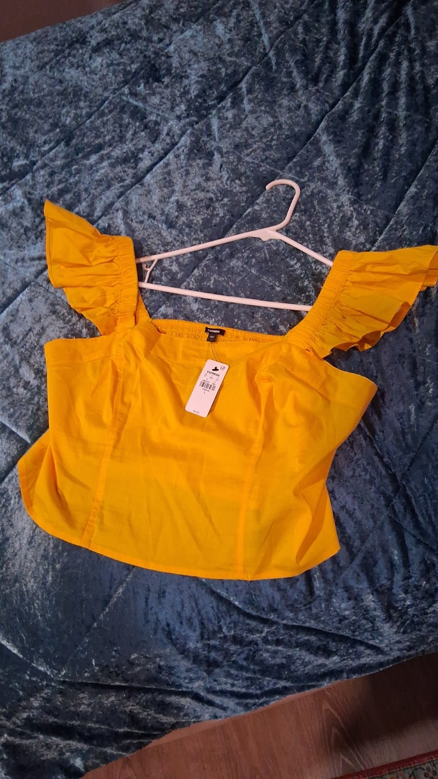 Express Yellow Solid Square Neck Ruffle Short Sleeve Crop Top Size L