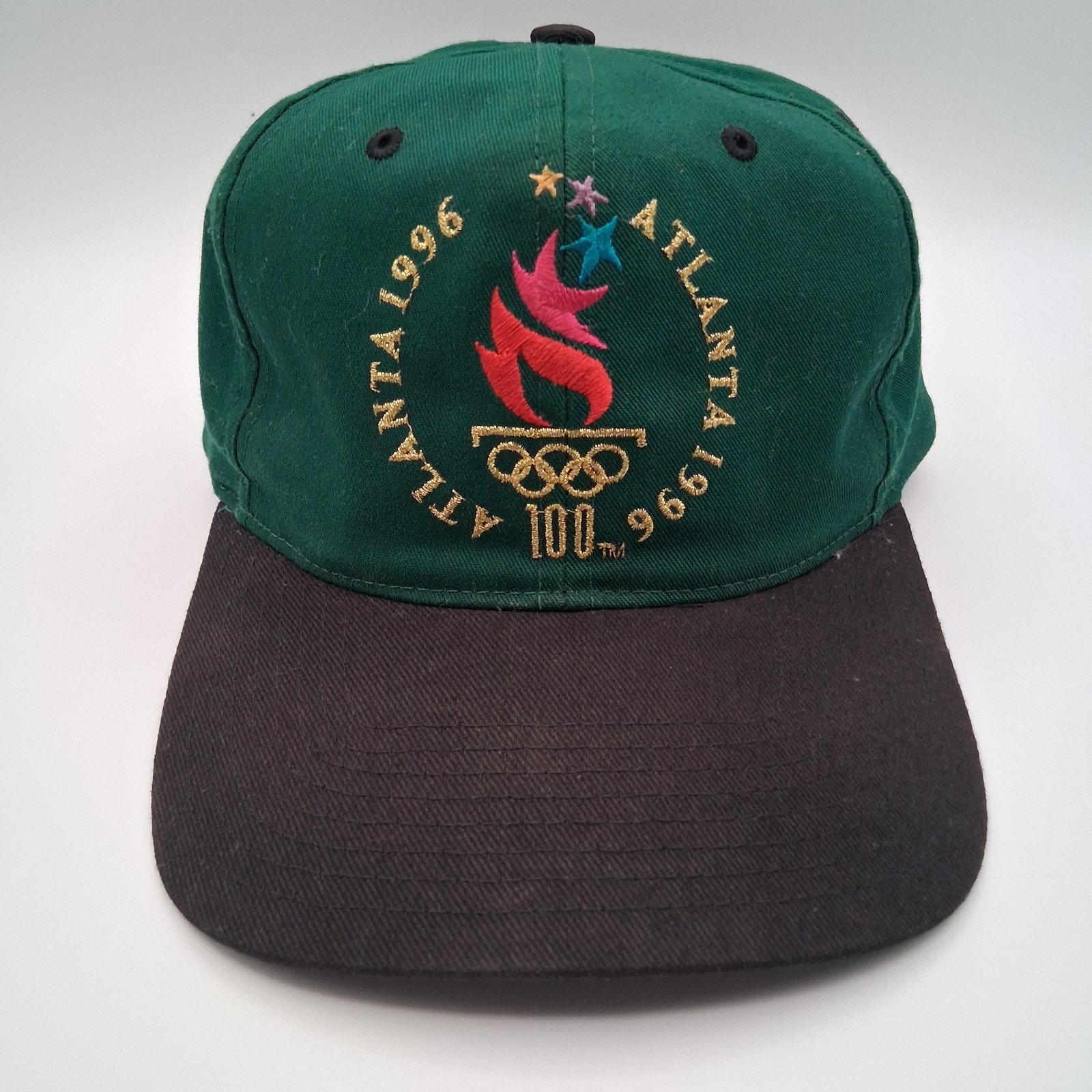Vintage Atlanta 1996 Olympic Games Hat Cap Snapback Green Black Gold Script Logo