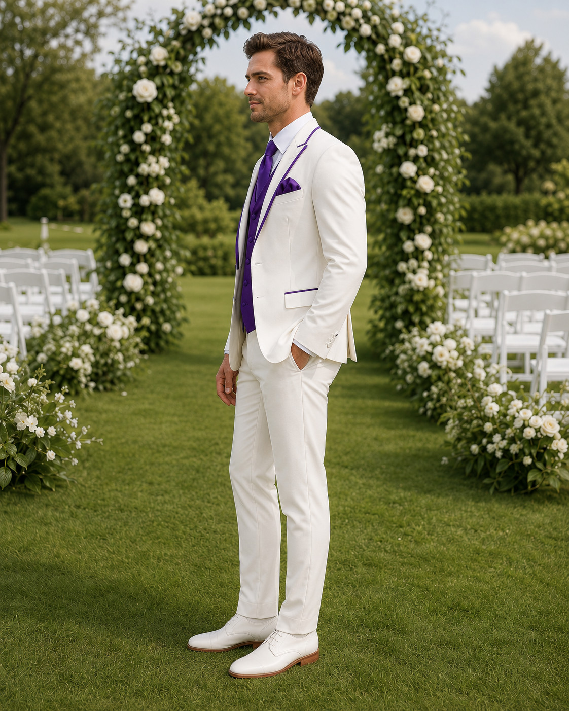 Mens White Purple 3 Piece Suit Blazer Vest Pants Wedding Groom Prom Formal Wear