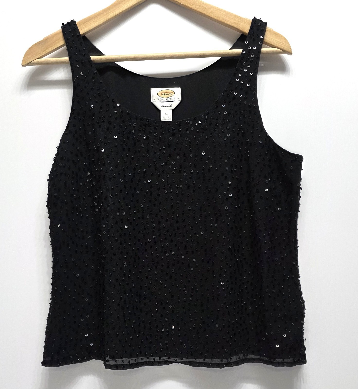 Talbots Chic Evening Party Sequin Silk Overlay Sleeveless Tank Black 10P $110