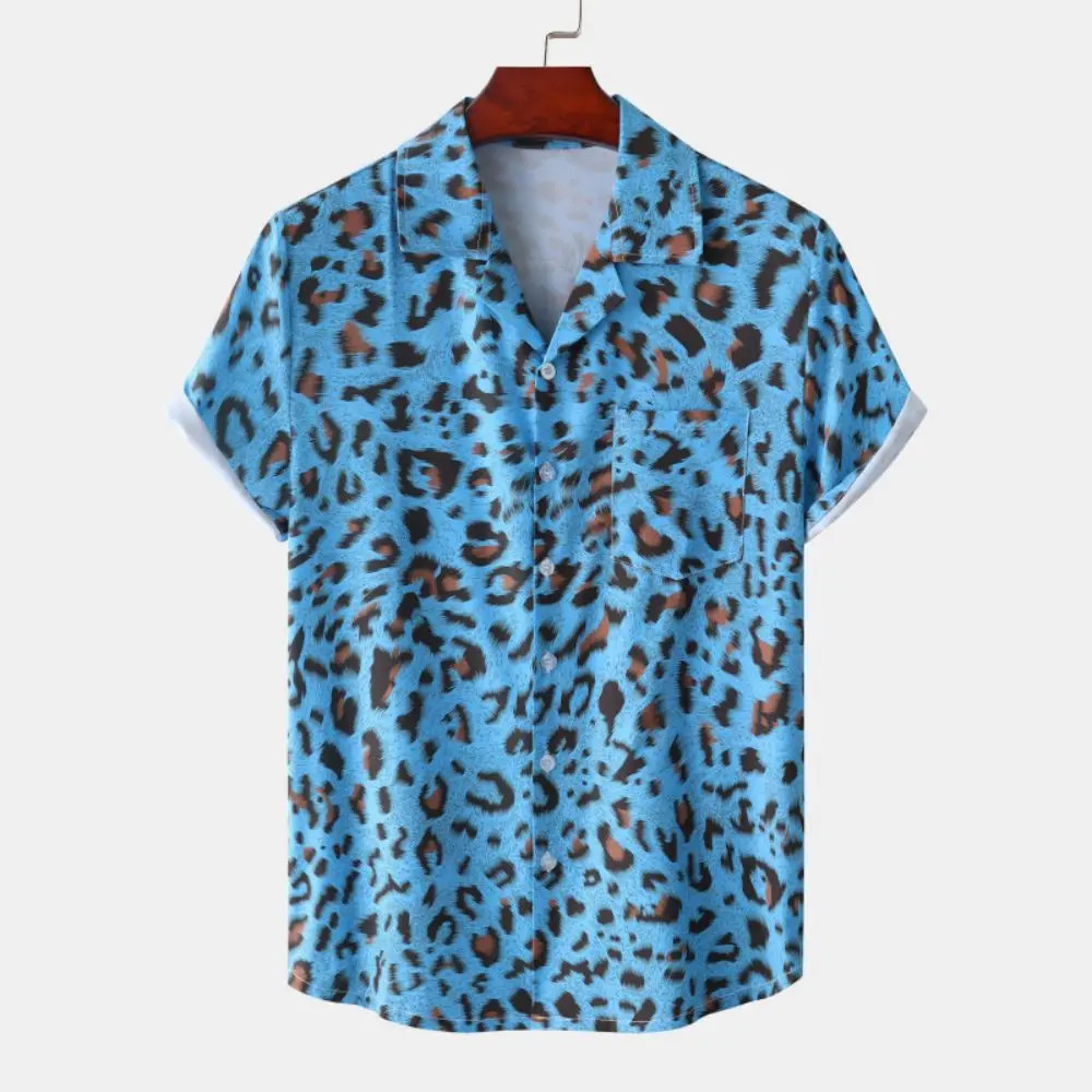 Men’s Leopard Print Oversized Short Sleeve Button-Up Shirt with Lapel