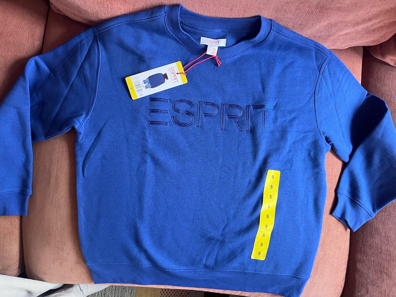 Esprit Women’s Logo Fleece Crewneck Sweatshirt Embroidered 80s Blue Size Small