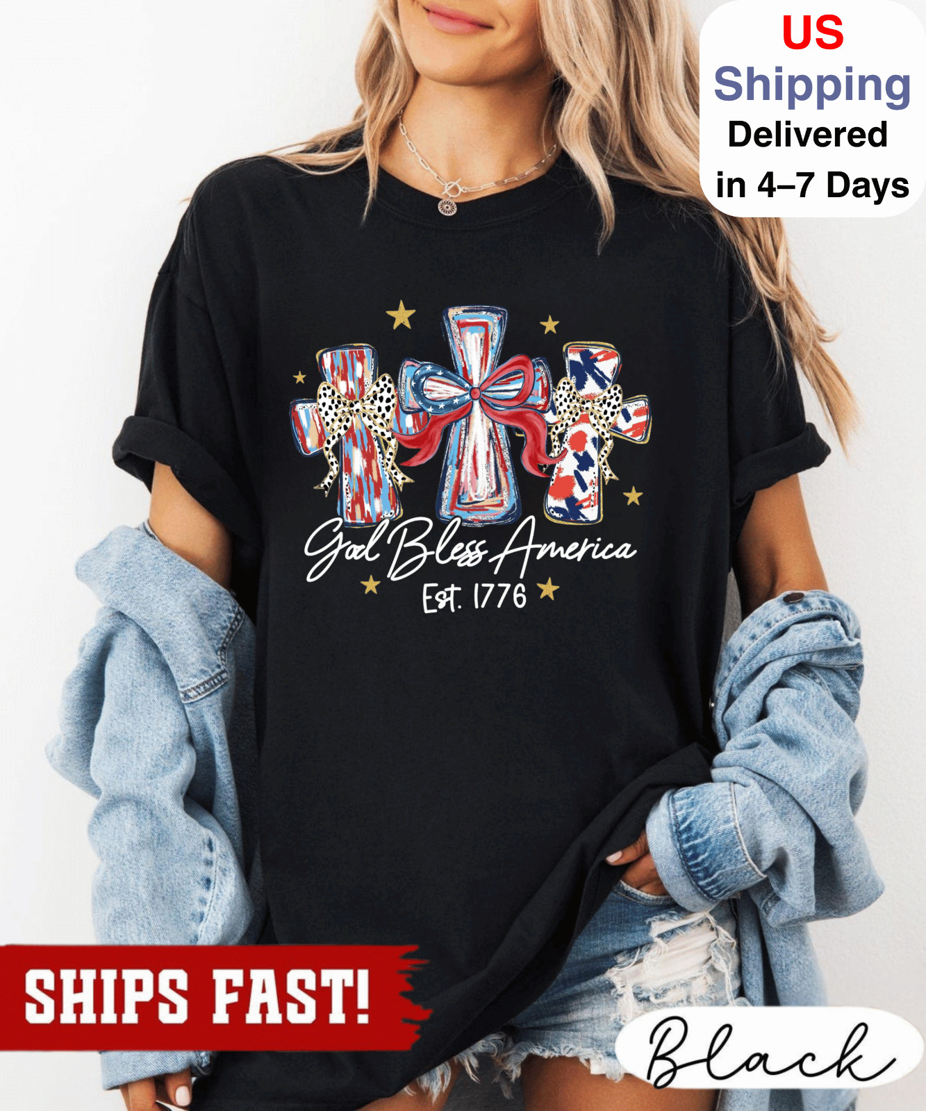 Patriotic Christian Shirt, God Bless America 1776 Tee, 4th of July Cross T-Shirt