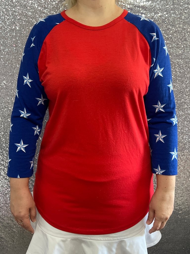 LuLaRoe Red and Blue Star Raglan Sleeve Shirt Size M
