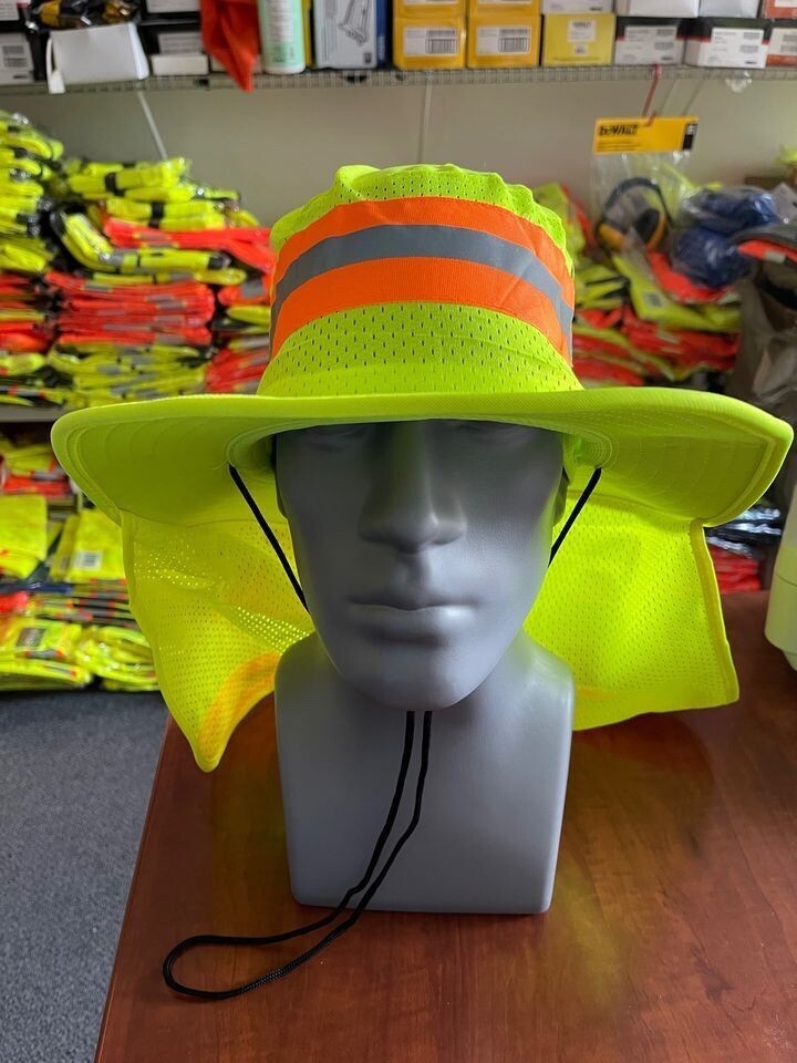Hi Vis Reflective Work Safety Neck Flap Boonie Hat Yellow Bucket Cap