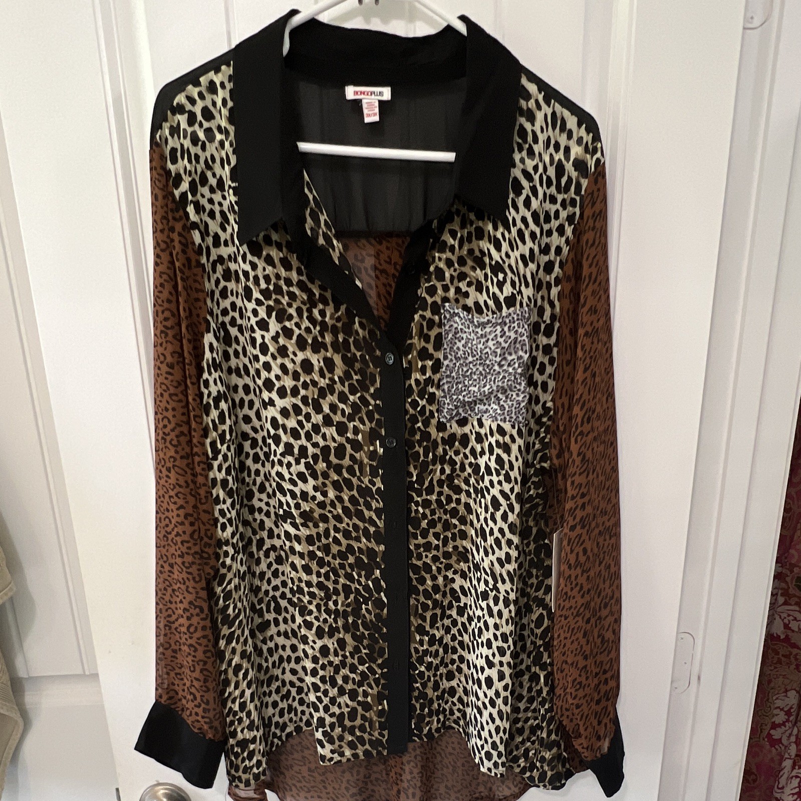 Bongo Plus Women Plus 3X Multicolor Animal Print Sheer Chiffon Button-Up