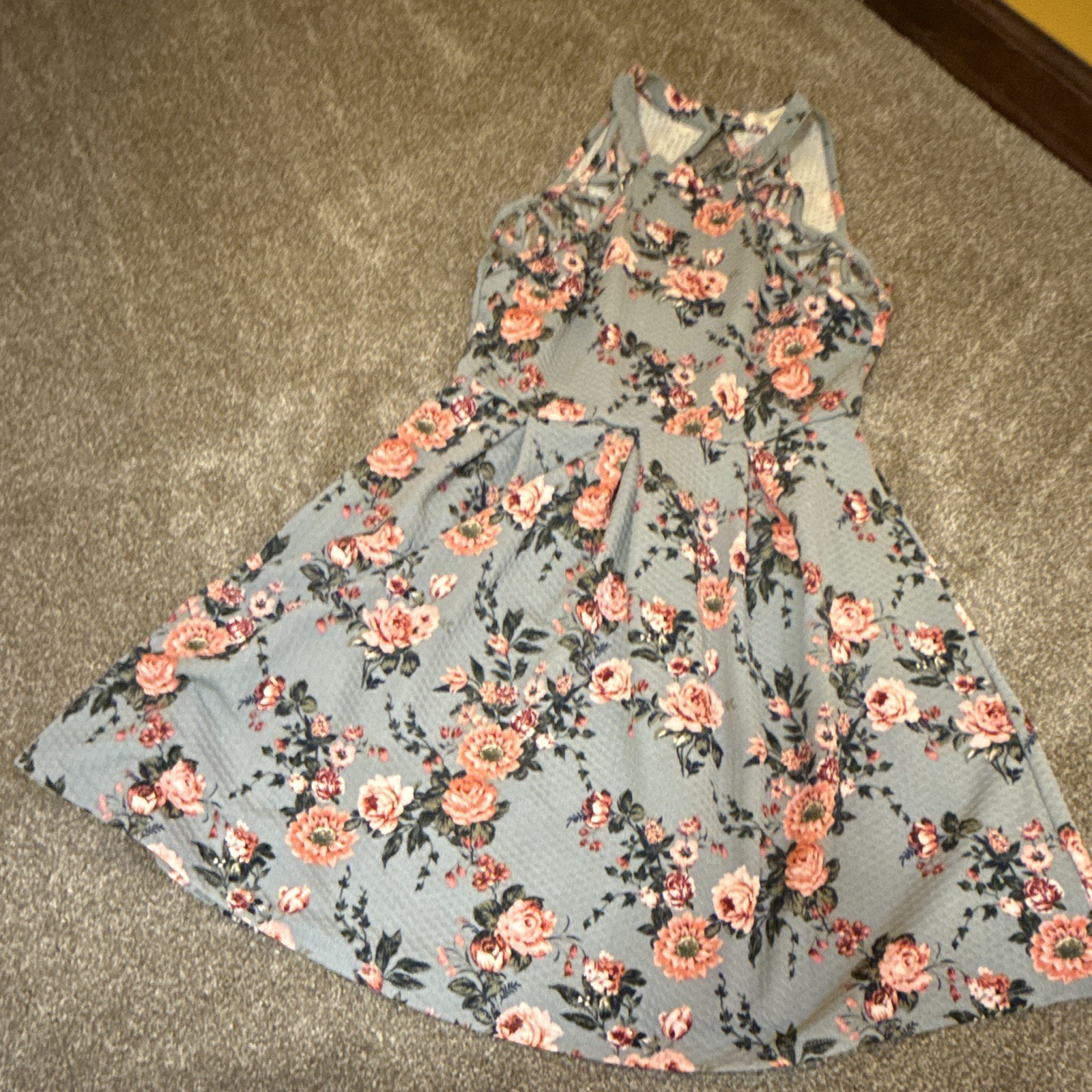 Rewind Juniors Sundress Size S Blue/Pink Floral Halter Sleeveless Keyhole Knee