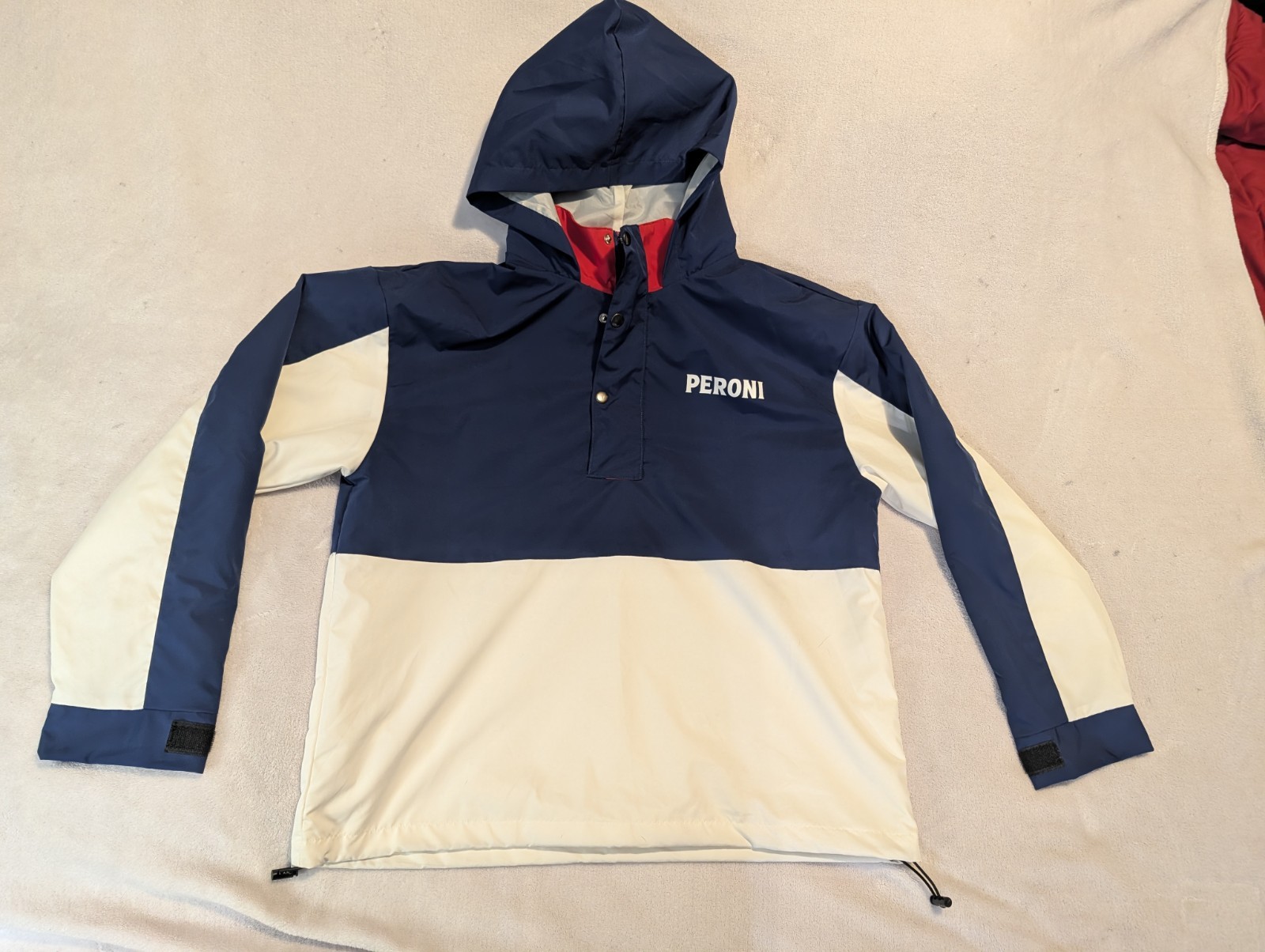 Peroni Men’s L Windbreaker Jacket Blue/White Hooded Half Zip Colorblock