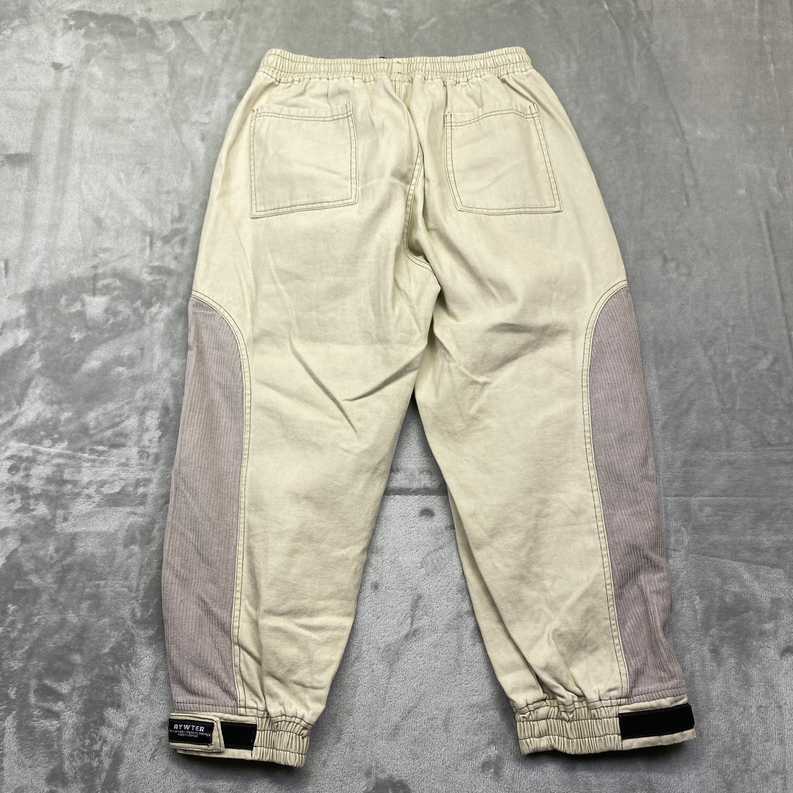 AYWTER XL Beige Corduroy Patchwork Jogger Pants Elastic Waist Streetwear Fit 28″