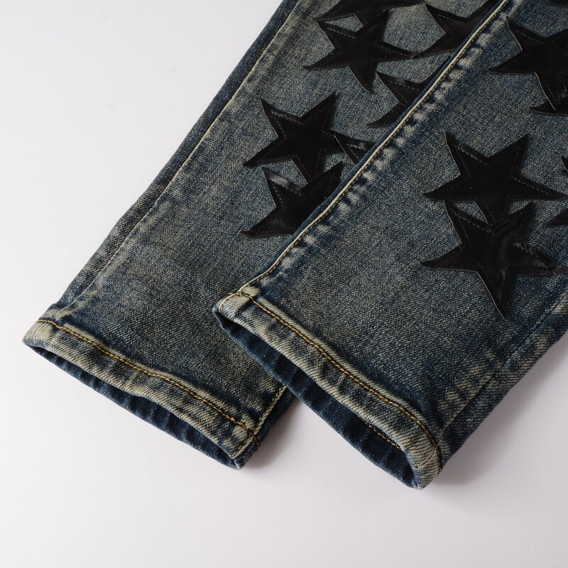 Men’s Ripped STAR PU Patchwork Grunge Skinny fit stretch Denim Washed jeans