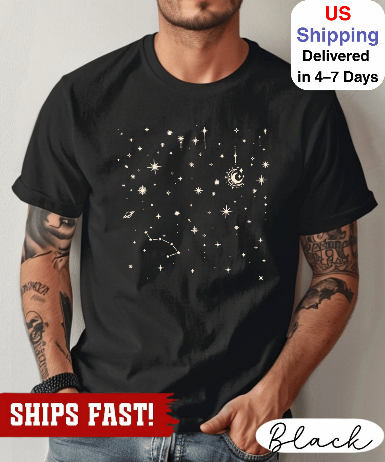 Celestial Stars Shirt, Minimal Moon Constellation Graphic Tee, Adult Youth