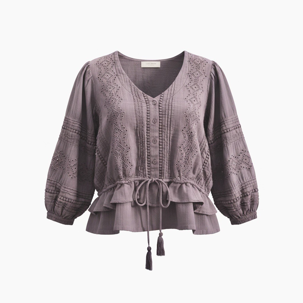 Lucky Brand Boho Charcoal Gray Cotton Eyelet Button Up 3/4 Sleeve Boho Top S