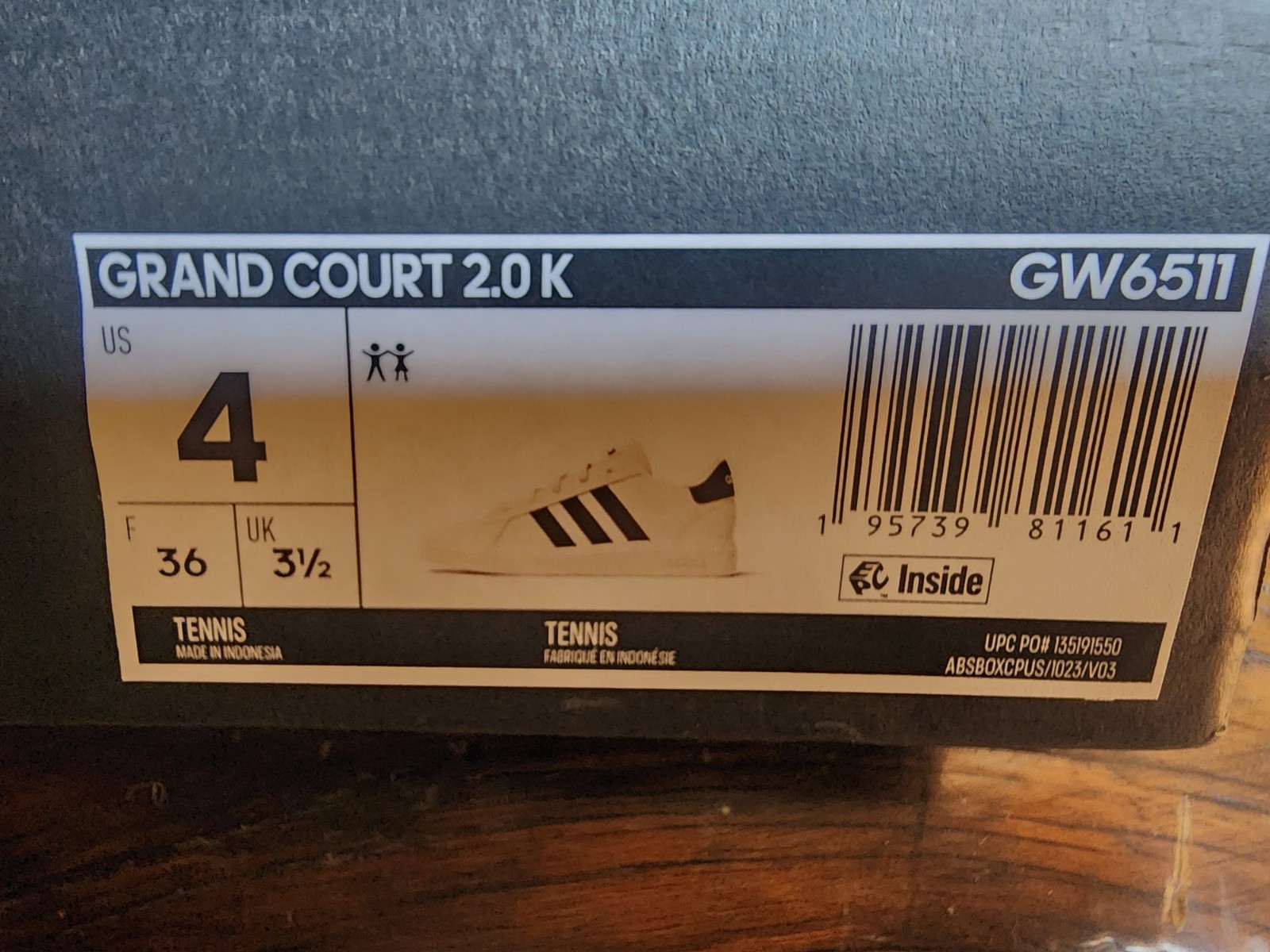 adidas Grand Court 2.0 K Unisex Kids Low Top White/Black US 4 GW6511