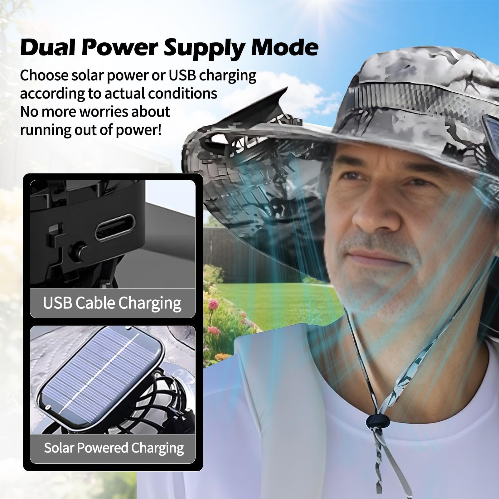 Wide Brim Sunscreen Sun Hat Solar & USB Powered for Outdoor Fishing Hiking Beach