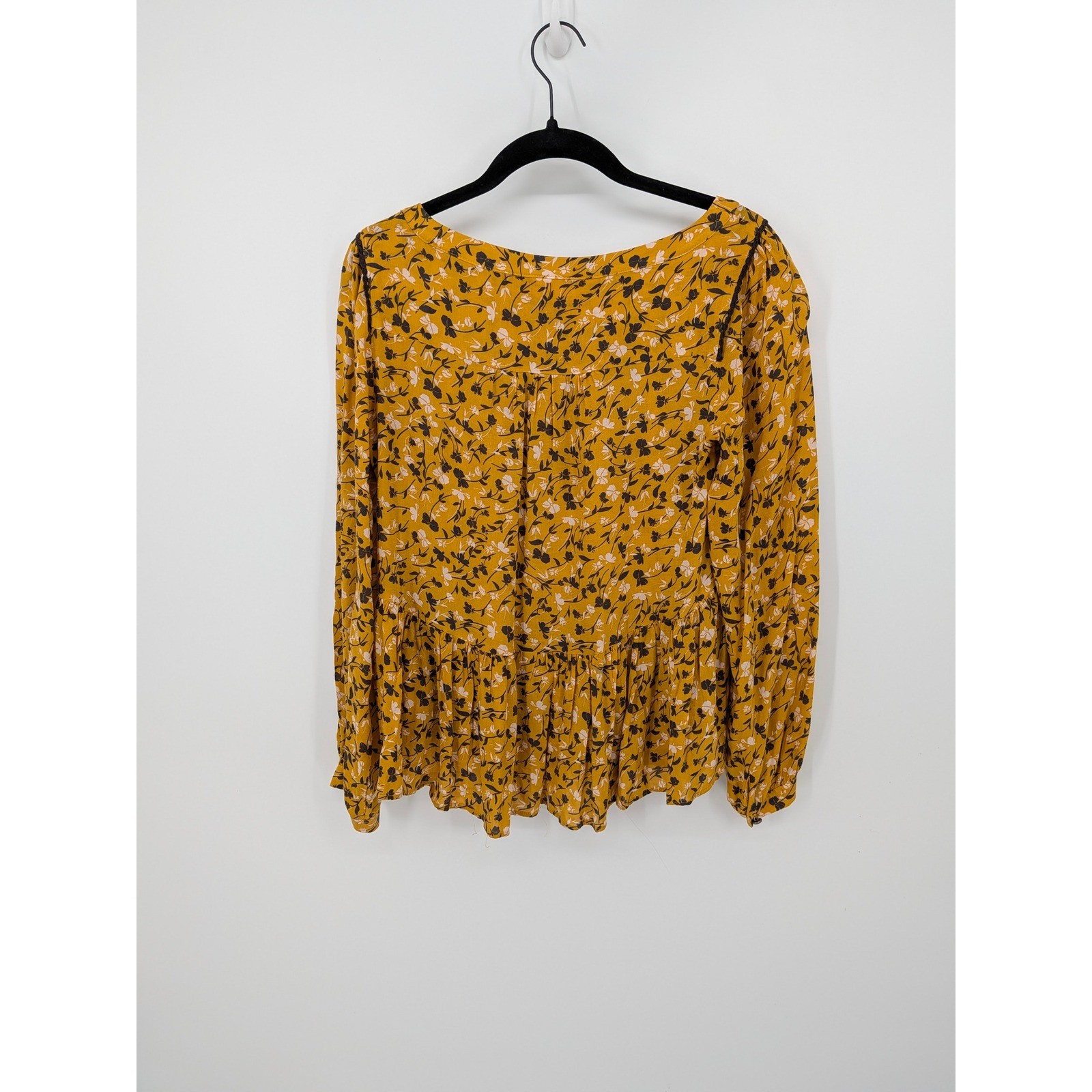 Maeve Peplum Blouse Womens XS Mustard Yellow Floral Long Sleeve Cottagecore