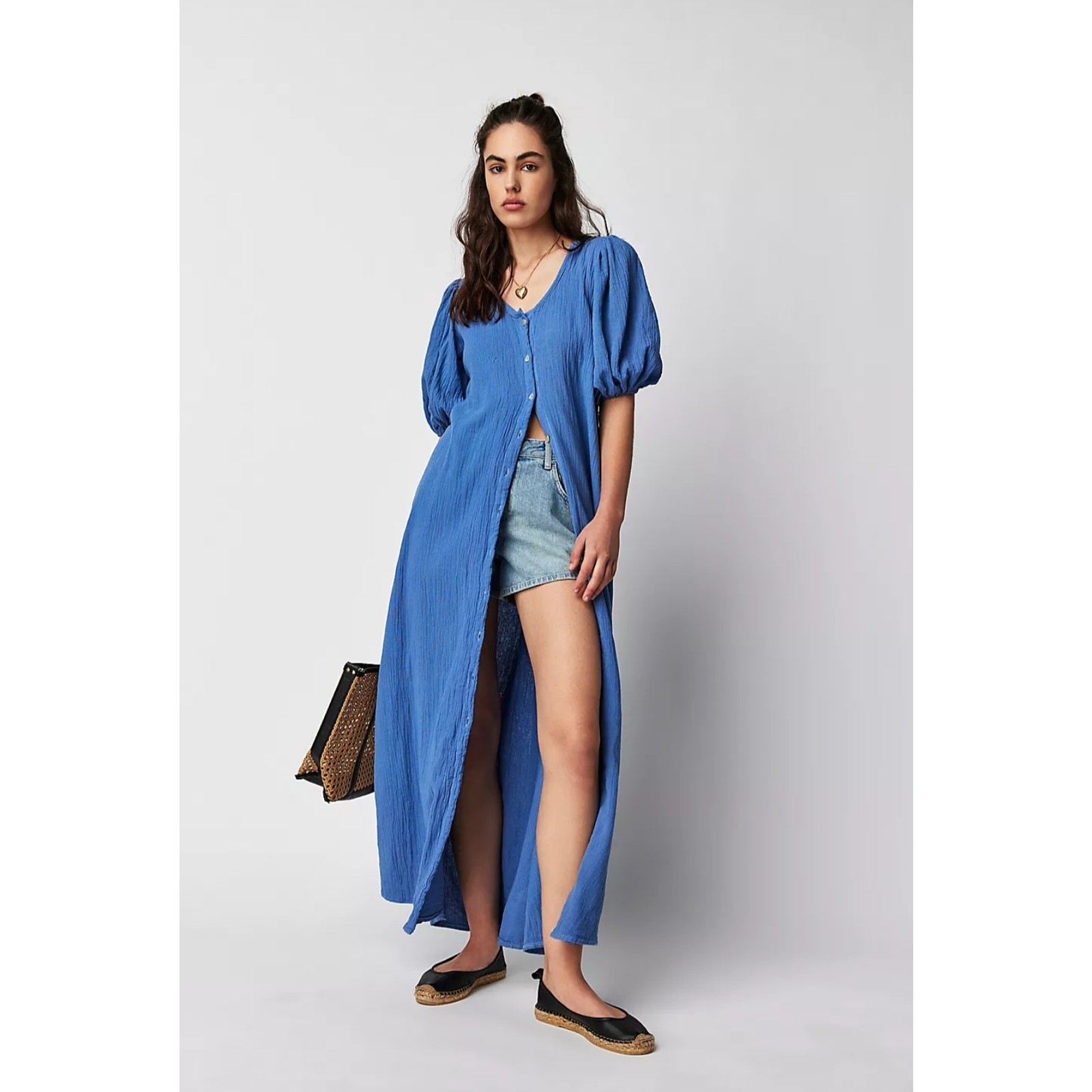 New Free People Jen’s Pirate Booty Paraguay Button Maxi Gown $252 SMALL Blue