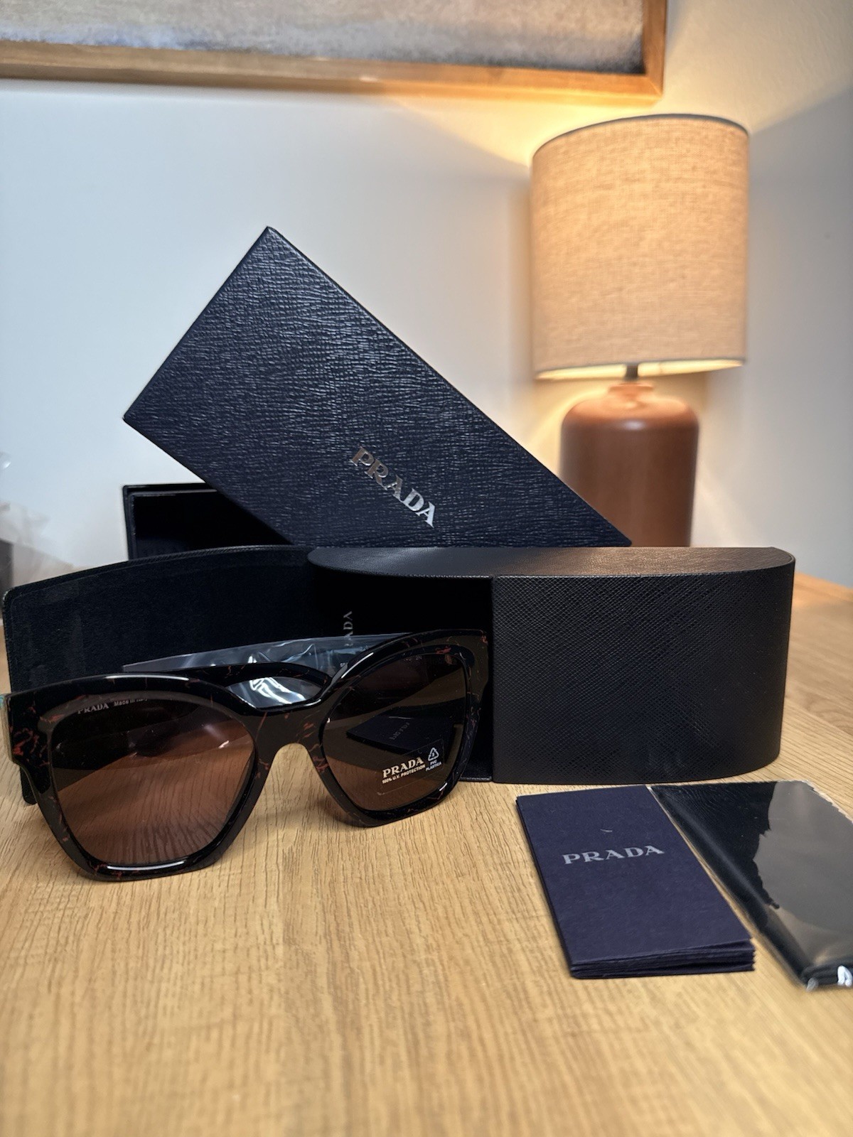 PRADA SPR 17Z Oversized Cat Eye Sunglasses Black Frame Brown Tinted 100% UV