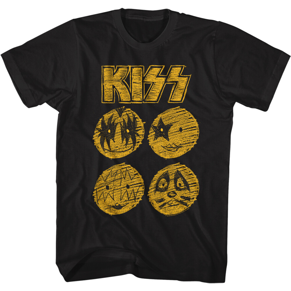 Kiss Sketch Drawing Of Band Member Faces Adult T Shirt Metal Music Band Merch