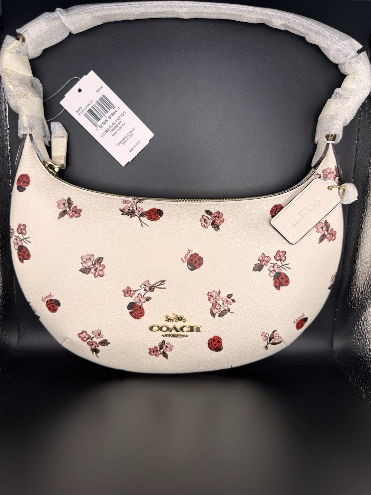 Coach Small Shoulder Bag White Floral Ladybug Print Zip Top with Gold Hardware